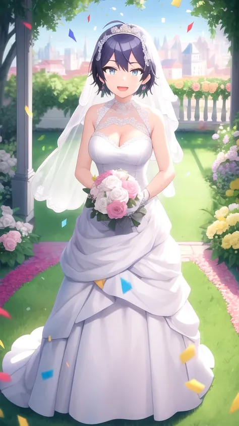 masterpiece, best quality, high quality, girl, solo, looking at viewer, sueharu_maru, large breasts, wedding dress, standing, garden, confetti, holding bouquet, smile, open mouth,