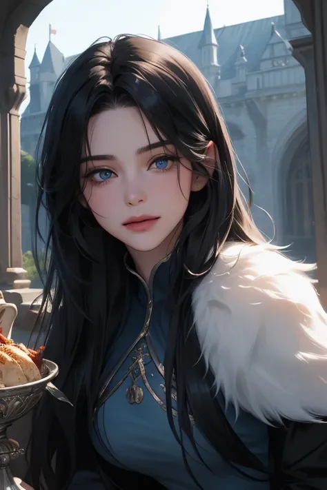 ((front view)), upper body, (best quality, ((masterpiece)), 8K resolution, cinematic lighting, beautiful detailed eyes, ultra detailed, Semi-realistic),only 1 Women,(bangs hair),smile, ((grand feasting hall in a medieval castle)), (fantasy Gorgeous blue dr...