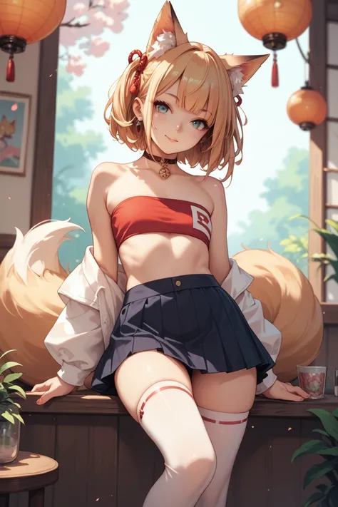 young anime fox girl in short skirt, tube top and stockings