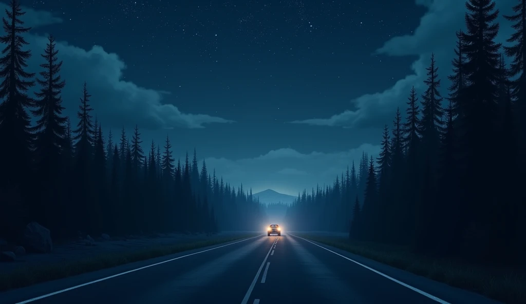 A lonely highway at night under a vast, starlit sky. A single car drives along the road, its headlights cutting through the darkness. Surrounding trees cast long, faint shadows.

