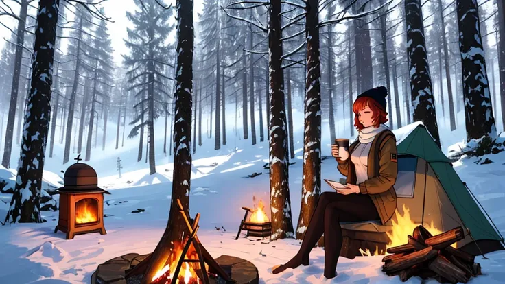 "A tranquil winter camping scene featuring A Young girl short auburn hair with big breasts wearing a lush green tank top and black legging fit seated near a glowing campfire in a snowy forest. She is holding a steaming cup of tea, wearing cozy winter cloth...