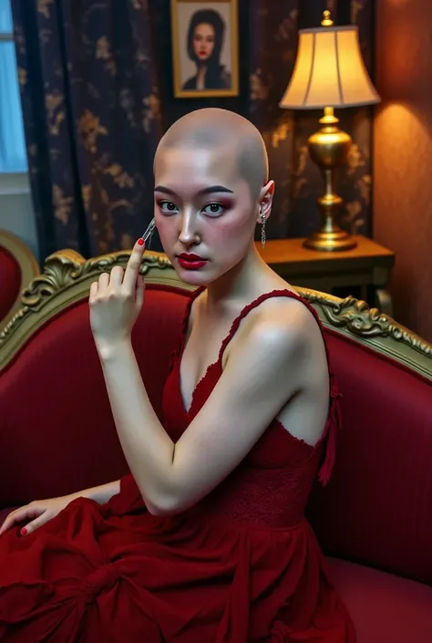 (((pale skin totally bald woman))). (((bald woman is holding in her right hand long strands of cut dark hair))). In bedroom with evil seductive sexy vibe. (((completely bald head))). Looking at viewer. (((bald woman is holding in her left-hand a "Wahl" hai...