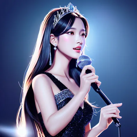 photo realistic image of a woman in a dress holding a microphone, portrait of female korean idol, rendering of beauty pageant, exquisite digital illustration, trending on cgstation, portrait of kpop idol, the singer, stunning digital illustration, korean i...