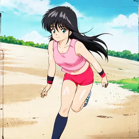 masterpiece,high quality,solo,outdoors,
looking at viewer,smile,
madokaayukawa,1girl,
long hair,black hair,aqua eyes,
pink tank top,
Wristband,
shorts,
leg warmers,
sneakers,running,sweat,sunshine,wind,