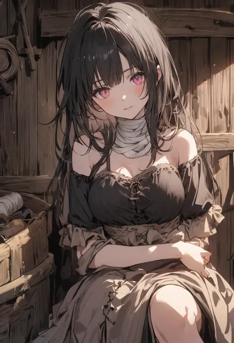 A girl with light skin, pink eyes and Black hair, wearing a medieval village dress medium Breasts shes wore bandages on her neck and arms, in a wooden shack.