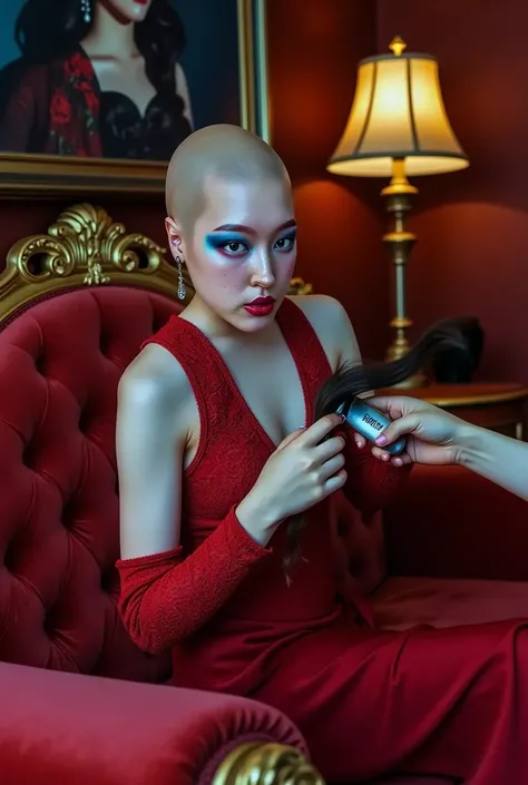 (((pale skin fully bald woman))). (((bald woman is holding cut unattached long strands of dark hair in her left hand))). In bedroom with evil seductive sexy vibe. (((completely bald head))). Looking at viewer. (((bald woman is using a "Wahl" hair clipper w...