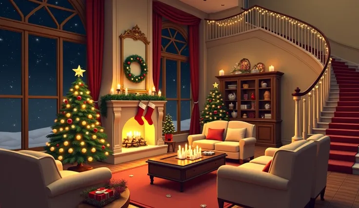 Create an image of a cozy, festive interior scene during the holiday season. The room should have large windows revealing a dark night sky outside, adorned with circular wreaths and string lights. A grand staircase should be visible on the right, leading t...