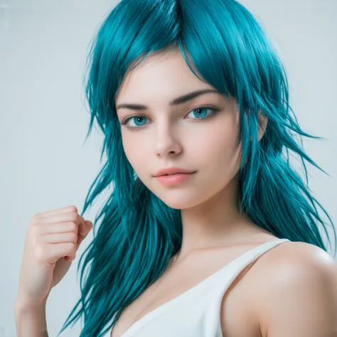 Young woman,  long hair, Aqua Hair, Blue eyes,  white tank top,   bare shoulders, clavicle,   inner room  ,  Curvy young woman ,  big breasts and big butt,  poses with arms raised at her sides, making a fist , curvy body