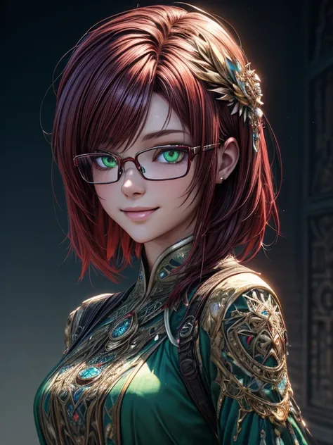 Short,  red hair ,  green eyes ,  metal-framed glasses , green , oriental dress with ornaments,  smiling girl. ( masterpiece fails,  top quality ,  best quality ,  official art,  beautiful and aesthetic :1.2),  extremely detailed ,( fractal art :1.2), Colo...