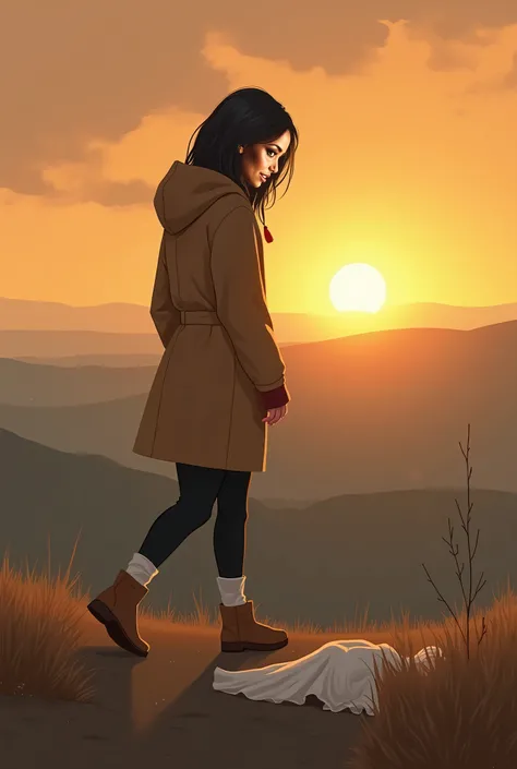 A beautiful Mexican American woman wearing a warm tan coat with a hood on her head, black leggings with white socks and soft tan boots, on top of a hill with the sun rising, feeling sad and alone walking towards the sun, with a small white dress laying on ...