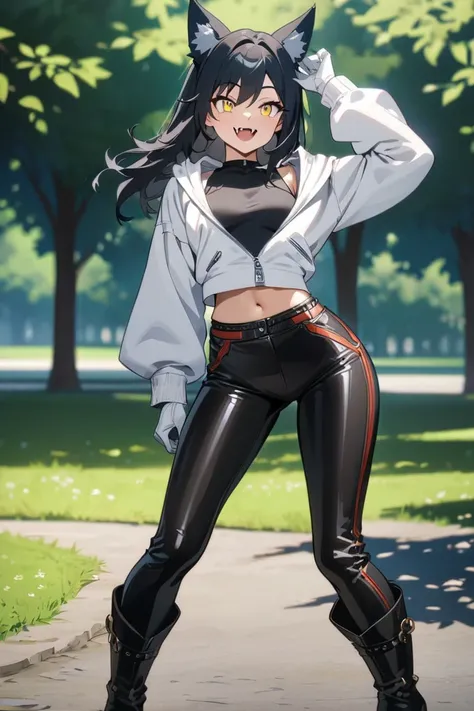 Female Teenager ,solo, black hair, smile, yellow eyes, Wolf Ears, Fangs, white hoodie open jacket, black bodysuit shirt, Trim Marks, white gloves. leather bellbottom pants, heel boots, Breasts, standing, park, Masterpiece, Best Quality, Anime Style