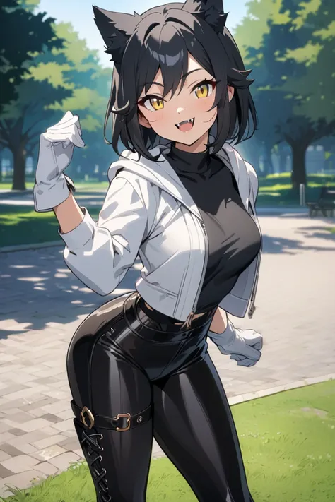 Female Teenager ,solo, black hair, smile, yellow eyes, Wolf Ears, Fangs, white hoodie open jacket, black bodysuit shirt, Trim Marks, white gloves. leather bellbottom pants, heel boots, Breasts, standing, park, Masterpiece, Best Quality, Anime Style