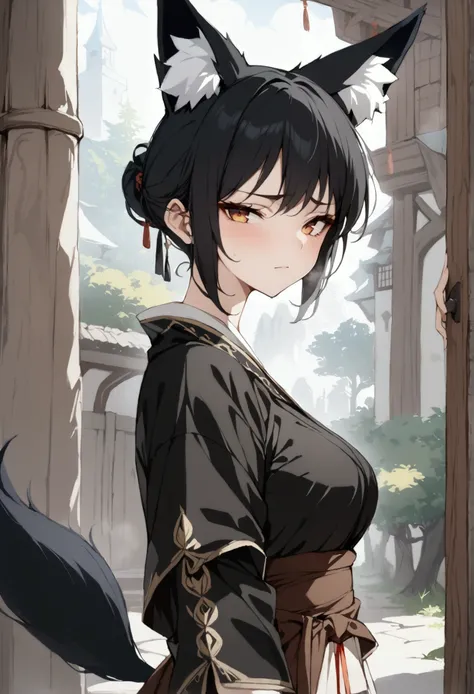 (1girl, Masterpiece, best quality, beautiful) A fox-woman, short black hair, (black fox ears with white fur), neutral face expression, medieval-style ((black very heavy bulky clothing robes multi-layered robes)) beautiful amber eyes, brown belt around her ...