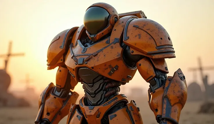 Masterpiece. A war cyborg. Orange clunky and rusty armor. Helmet with tel mirror large visor. On a the battlefield. Dawn.