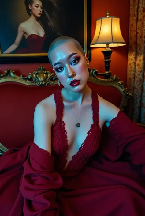 (((pale skin fully bald woman))). (((bald woman is holding unattached long strands of dark hair in her left hand))). In bedroom with evil seductive sexy vibe. (((completely bald head))). Looking at viewer. (((bald woman is holding a "Wahl" hair clipper wit...