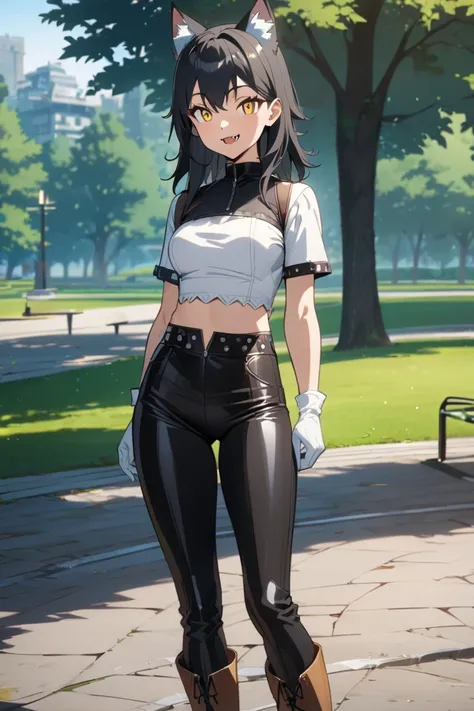 Female Teenager ,solo, black hair, smile, yellow eyes, Wolf Ears, Fangs,, black bodysuit shirt, Trim Marks, white gloves. leather bellbottom pants, heel boots, Breasts, standing, park, Masterpiece, Best Quality, Anime Style