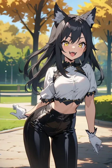 Female Teenager ,solo, black hair, smile, yellow eyes, Wolf Ears, Fangs,, black bodysuit shirt, Trim Marks, white gloves. leather bellbottom pants, heel boots, Breasts, standing, park, Masterpiece, Best Quality, Anime Style