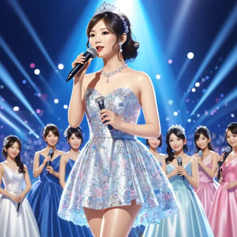 photorealistic image of a woman in a dress holding a microphone, portrait of female Japanese idol, rendering of beauty pageant, exquisite digital illustration, trending on cgstation, portrait of Jpop idol, the singer, stunning digital illustration, Japanes...