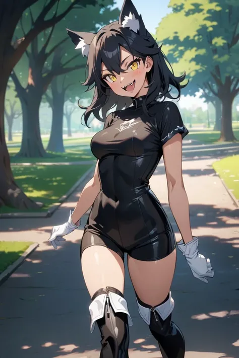 Female Teenager ,solo, black hair, smile, yellow eyes, Wolf Ears, Fangs,, black bodysuit shirt, Trim Marks, white gloves, thigh heel boots, Breasts, standing, park, Masterpiece, Best Quality, Anime Style