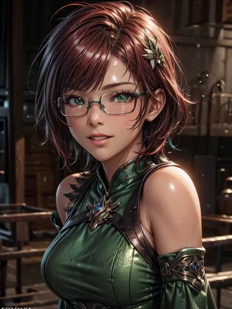 Short,  red hair ,  green eyes ,  metal-framed glasses , green , oriental dress with ornaments,  smiling girl. ( masterpiece fails,  top quality ,  best quality ,  official art,  beautiful and aesthetic :1.2),  extremely detailed ,( fractal art :1.2), Colo...