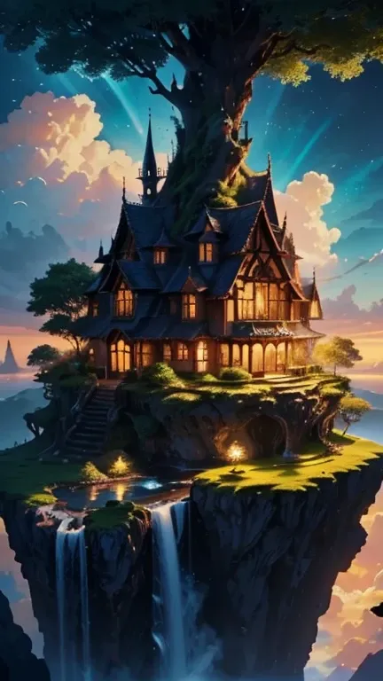 Envision a mesmerizing scene of a magnificent realm of romantic dreams. The environment is filled with intricate floating islands, fluffy clouds, waterfalls cascading from the floating islands, and a vibrant, surreal atmosphere. The atmosphere is filled wi...