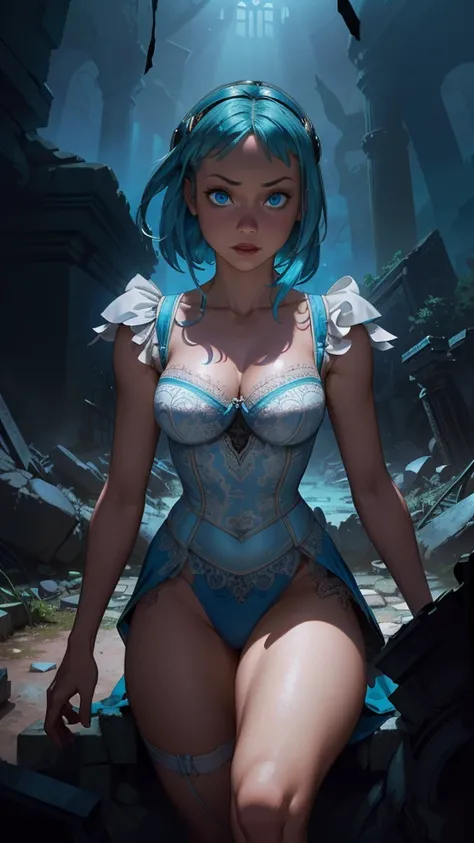 (La  better quality ,A high resolution,Ultra - detailed,actual),Alice Wonderland, short transparent blue dress, white thigh media, long yellow hair, ,( Dungeon ruins background in ruins cyberpunk dark forest :1.4 ), More detailed 8K.Unreal Engine:1.4,UHD,L...