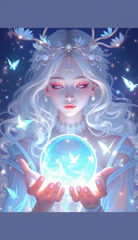 A celestial goddess with long flowing hair and a floral crown, illuminated by the glowing full moon in the background. She wears an intricate and ethereal gown adorned with shimmering details and holds a glowing crystal orb that reflects the Earth. The nig...