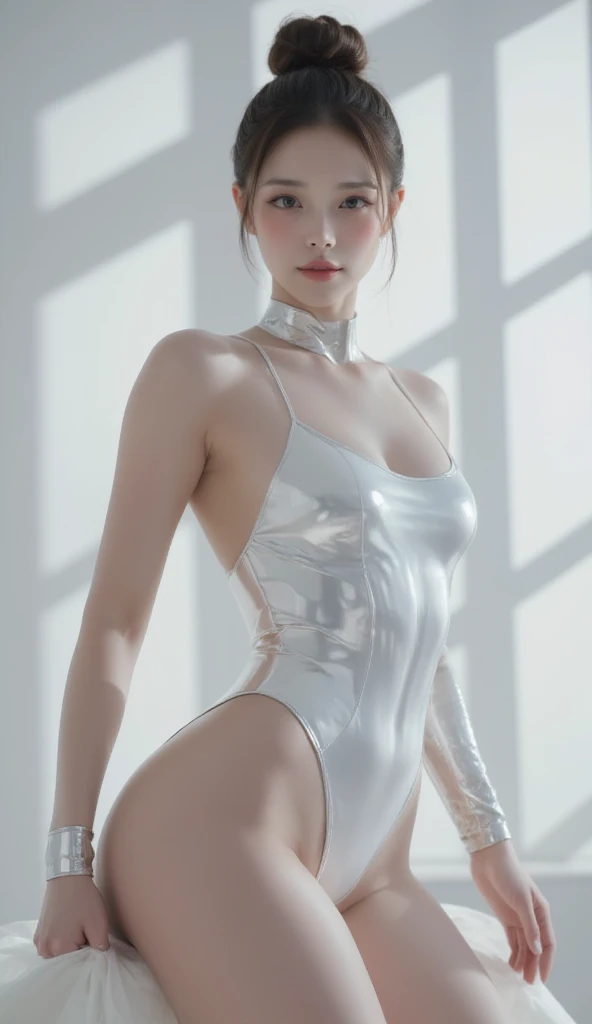 A close-up digital art piece by Adam Rex, featured on Reddit, showcases a woman posing in a minimalist style. She is dressed in a thin, smooth white leotard, which clings to her body like a second skin. The leotard, resembling a high-level Bodysuit, has a ...