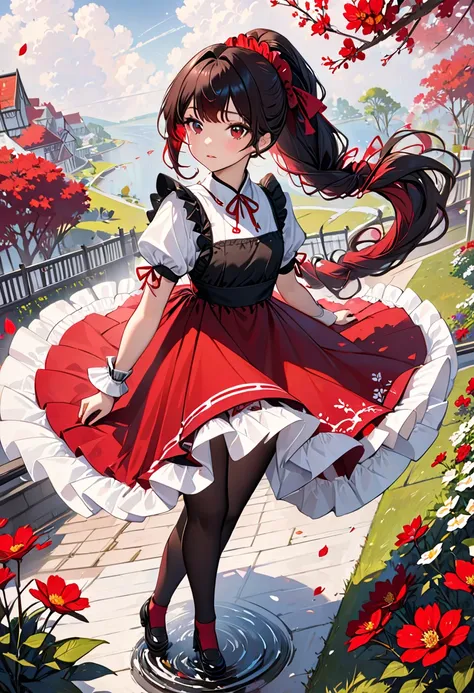 Beautiful long trendy hairstyle 、 black with red inner color hair color、 maid outfit 、 black tights、flat chest, thighs