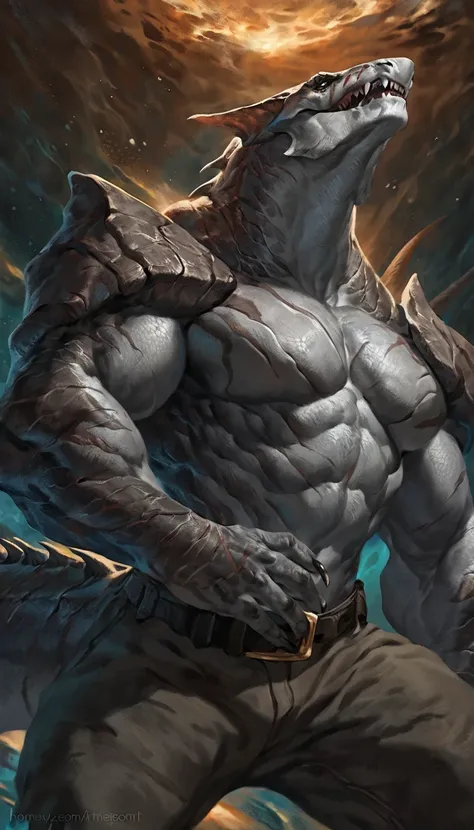 Muscular monster shark, solo, body made of steel, strong, metallic scales, scars on body, 1male solo,feral, muscular, small waist, thick tail, thick scales on the shoulders, marked detailed jaws, open jaws big pecs, pants, full body, comicbook style, best ...