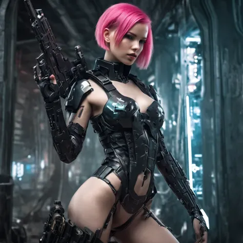 Pink Short hair Pale skin Cyberpunk woman soldier sexy pose cyborg 