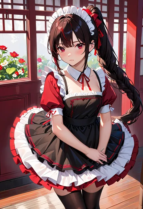 Beautiful long trendy hairstyle 、 black with red inner color hair color、 maid outfit 、 black tights、flat chest, 、irrumatio,(nsfw:1.3)