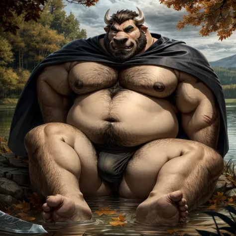 Big chubby, very fat, facial hair, lots of body hair, fat and saggy chest with a big moobs, anthropomorphic buffalo old daddy, wearing a black cape on his back and thin underwear while leaves a long sword stuck in the ground, with a cut scar on your eye, s...