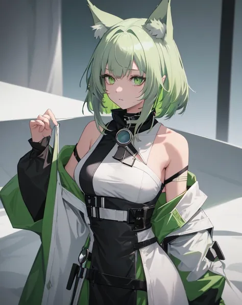 1girl, solo, animal_ears, kaltsit_(arknights), oripathy_lesion_(arknights), green_eyes, dress, green_dress, white_background, simple_background, animal_ear_fluff, cat_ears, off_shoulder, bare_shoulders, short_hair, bangs, stethoscope, long_sleeves, green_h...