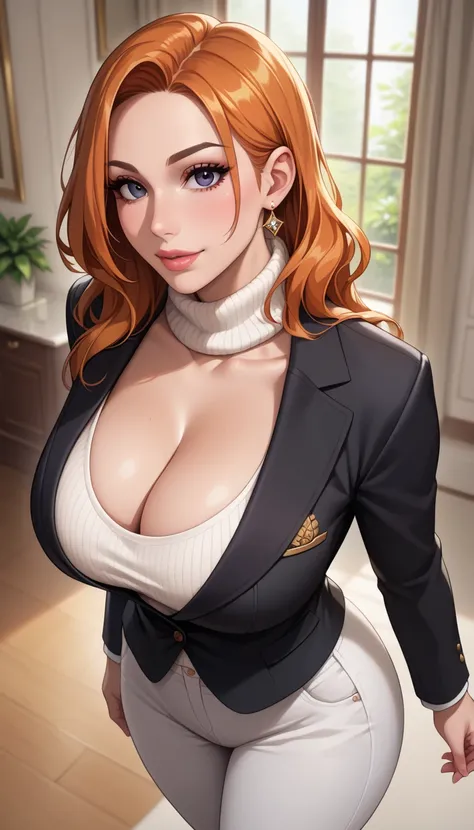 (masterpiece, best_quality:1.2), 1girl, solo, mature female, orange hair, (turtle neck white sweater, white pants, black blazer), beautiful eyes, female focus, looking at viewer, large breast,  cleavage, wide hips, ((above view)) ((close up shot)) ((solo))...