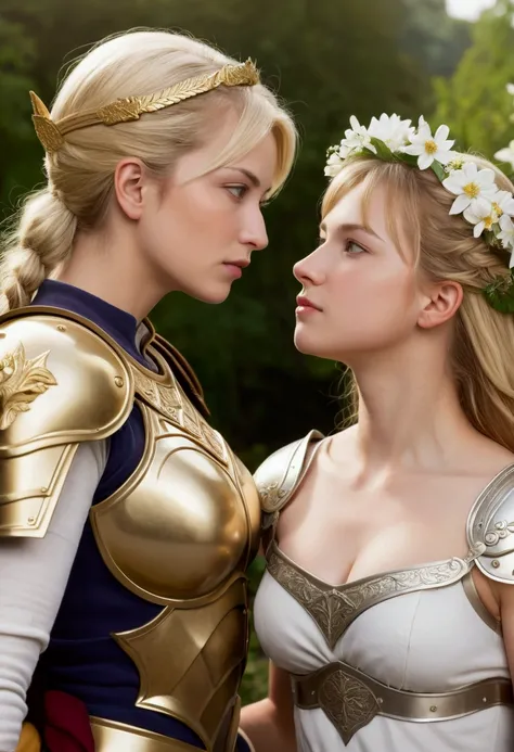 mother and daughter portrait break: mature woman, queens blade , middle age, blonde, detailed face, curvy body break: teen girl, roman warrior, princess blade , age 13, teenager girl, small breasts, mini cropped, valkyrian princess ,blonde, detailed face, ...