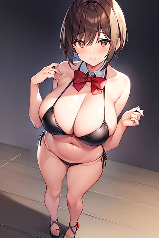 1girl, light smile, large breasts, hourglass figure, standing, ((standing)), full body, ((full body)), toned, very short hair, brown hair, tall, cleavage, navel, ((navel)), bikini, bare legs, bare shoulders, sleeveless, high heels, red bowtie, bowtie, arms...