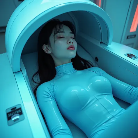 cinematic photography of a beautiful Chinese woman, long hair, closed eyes, sexy body, wearing a light blue latex bodysuit, sleeping in a futuristic coffin-shaped cryopod in a futuristic laboratory, (((biosuit))), ((bed with visor and shiny control surface...