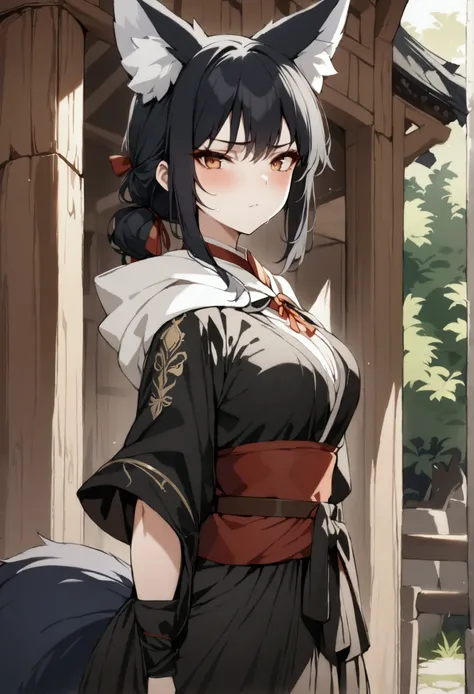 (1girl, Masterpiece, best quality, beautiful) A fox-woman, short black hair, (black fox ears with white fur), neutral face expression, medieval-style ((black very heavy bulky clothing robes multi-layered robes)) beautiful amber eyes, brown belt around her ...