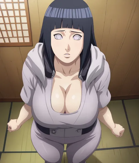 score_9, 1girl, solo, incom, facing viewer, standing, parted lips, from above, indoors, cowboy shot, large breasts, thick thigh, big ass, cleavage, wearing tight soft pants, (hinata hyuuga naruto outfit), (hinata, hyuuga hinata, purple eyes, blunt bangs, b...