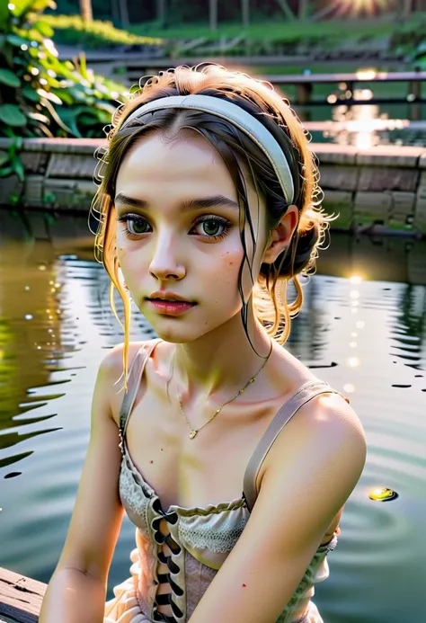 , a cinematic photo ,Hip-length photo ,skinny, angled shoulders  ,beautiful girl,  very young, complex hair,  highly detailed texture  кожи,  sitting on the bridge over the pond ,  Realistic texture  кожи,  looks right at the camera ,  engine looks at the ...