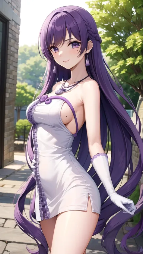 masterpiece, best quality, highres, hmca1, purple hair, mole under eye, dress, necklace, idol, bare shoulders, white gloves, medium breasts, cowboy shot, standing, smile, outdoors, arms at sides,