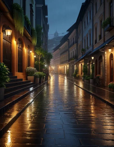  close-up of a street with lots of steps and lights, in the evening during the rain, Rainy scene,  Rainy weather , rainy street , Rain Aesthetics, Rainy mood,  rainy and gloomy atmosphere , in a  Rainy weather , Rainy atmosphere, rainy street s in the back...