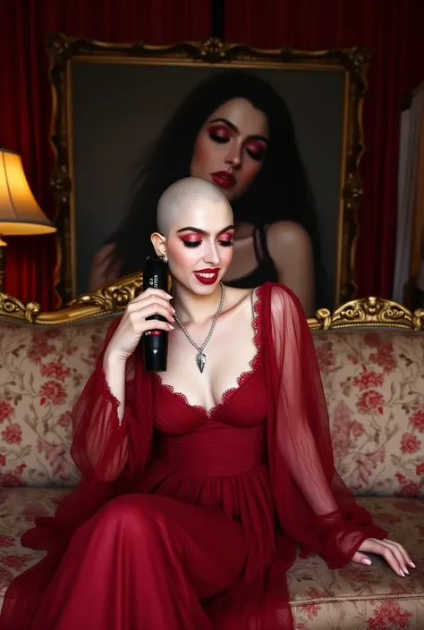 (((pale skin completely bald woman))). (((Holding unattached long strands of dark cut hair in her left hand))). In bedroom with evil seductive sexy vibe. (((completely bald head))). Looking at viewer. (((Holding a "Wahl" hair clipper with her right hand to...