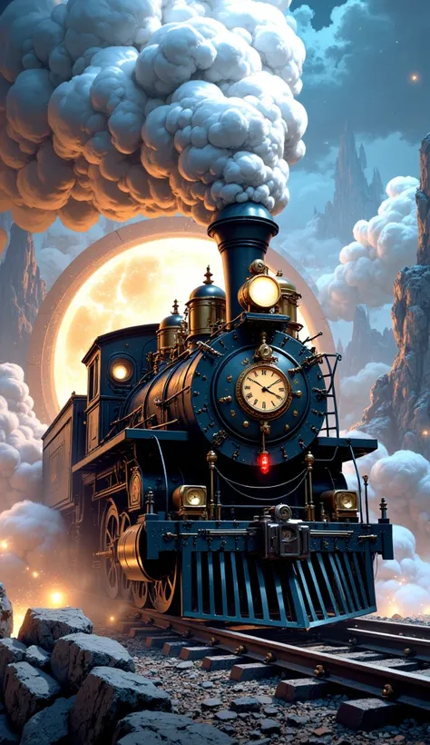 a steam train coming out of a portal. the train has a clock on its front. the portal it comes out from is magical and glows brightly. With clouds 