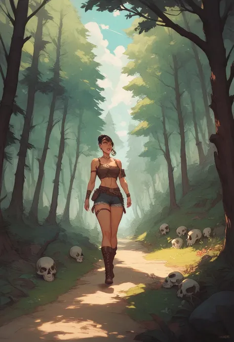  A giant human skull in a forest, a woman walking through the forest , is