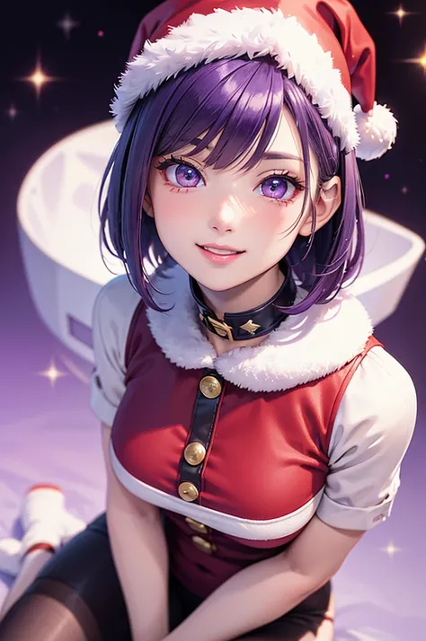  ( high definition ,8k,finelity detailed background, Masterpiece:1.2), pretty girl,( glossy purple hair),(short hair),bob cut, Santa Claus Hat ,Beautiful purple eyes,santa costume(black color), Best quality,Aesthetic and aesthetic:1.2, maximum details((Sup...