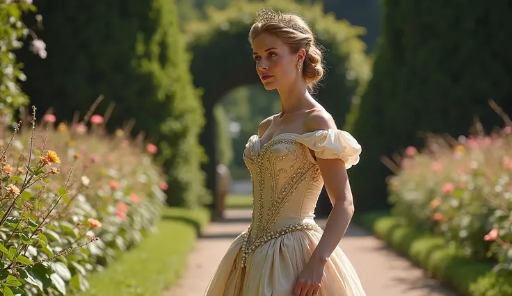 "Elizabeth I walking gracefully through lush royal gardens, her gown featuring a fitted waistline with an elegant neckline. Her hair adorned with pearls, catching the sunlight as her regal and feminine essence captivates. Her pose blends majesty and subtle...