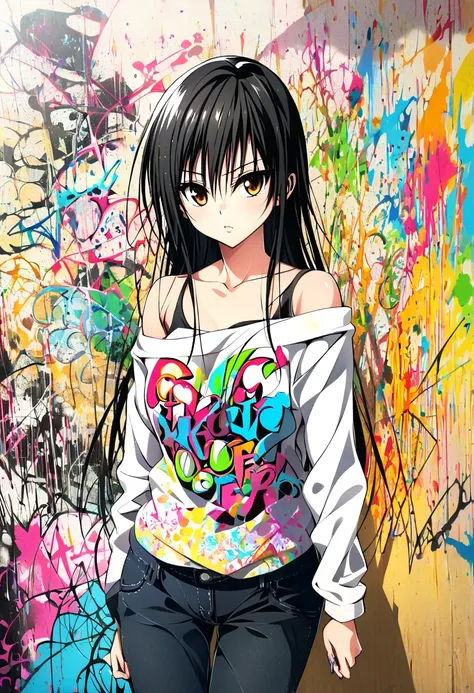  create Banksy-style graffiti art in the school hallway , Featuring a rebellious teenage girl, Kotegawa Yui ,To Loveる,Long black hair,  Brown Eyes , Highly athletic physique,  wear a cap and off-the-shoulder shirt ,  blend naturally into the vibrant spray-...