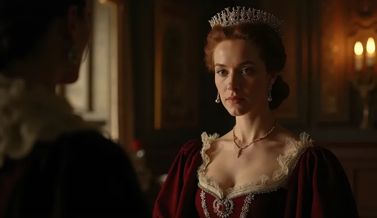 "Elizabeth I in a dimly lit chamber of the Tower of London, her dress rich and dark, subtly revealing through its neckline a delicate yet confident femininity. Her jewelry sparkles faintly in the light as her composed expression hints at resilience and cha...